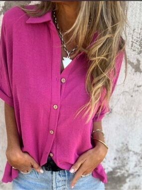 Classic Button-Front Women's Shirt - Hot Pink